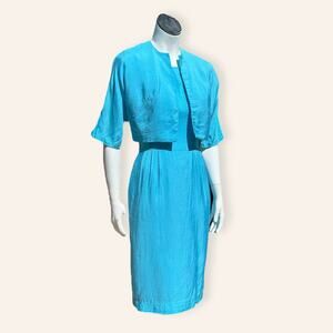 Vtg 1960s Sky Blue 100% Silk Pencil Dress Set w/ Matching Cropped Jacket size 4